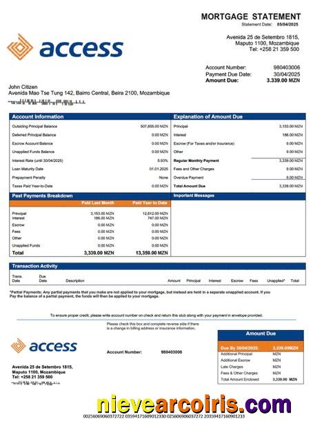 Mozambique Access Bank Mozambique mortgage statement Word and PDF template